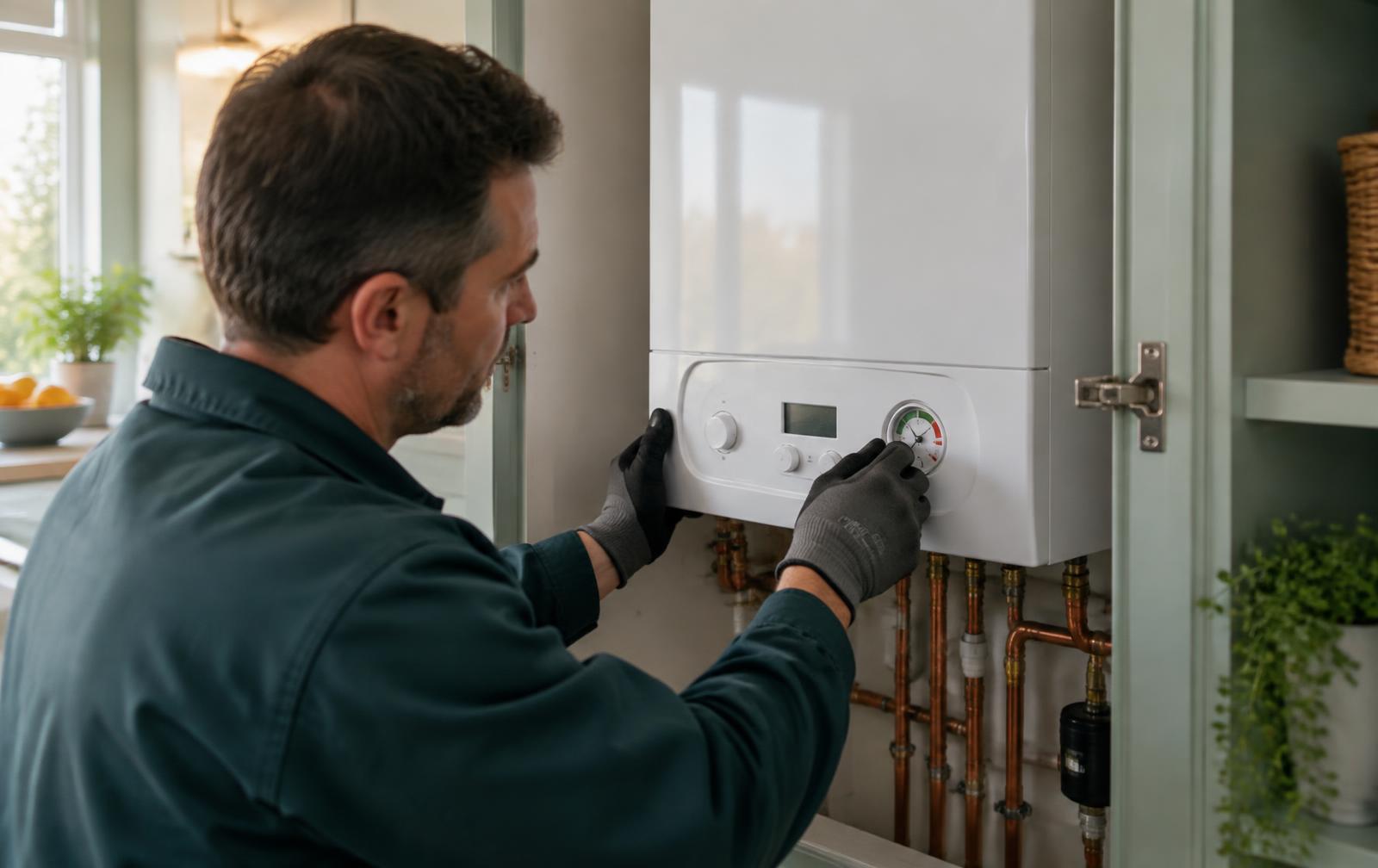 Gas engineer checking the pressure gauge on a wall-mounted combi boiler